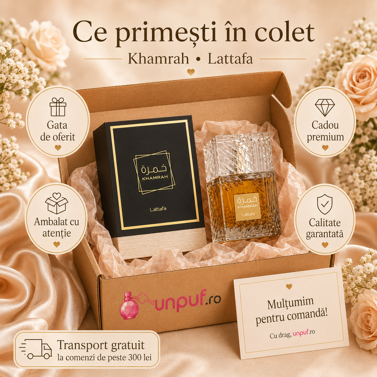 Ce primești &icirc;n colet parfum Khamrah Lattafa 100 ml ambalat cu atenție cadou premium livrare rapidă